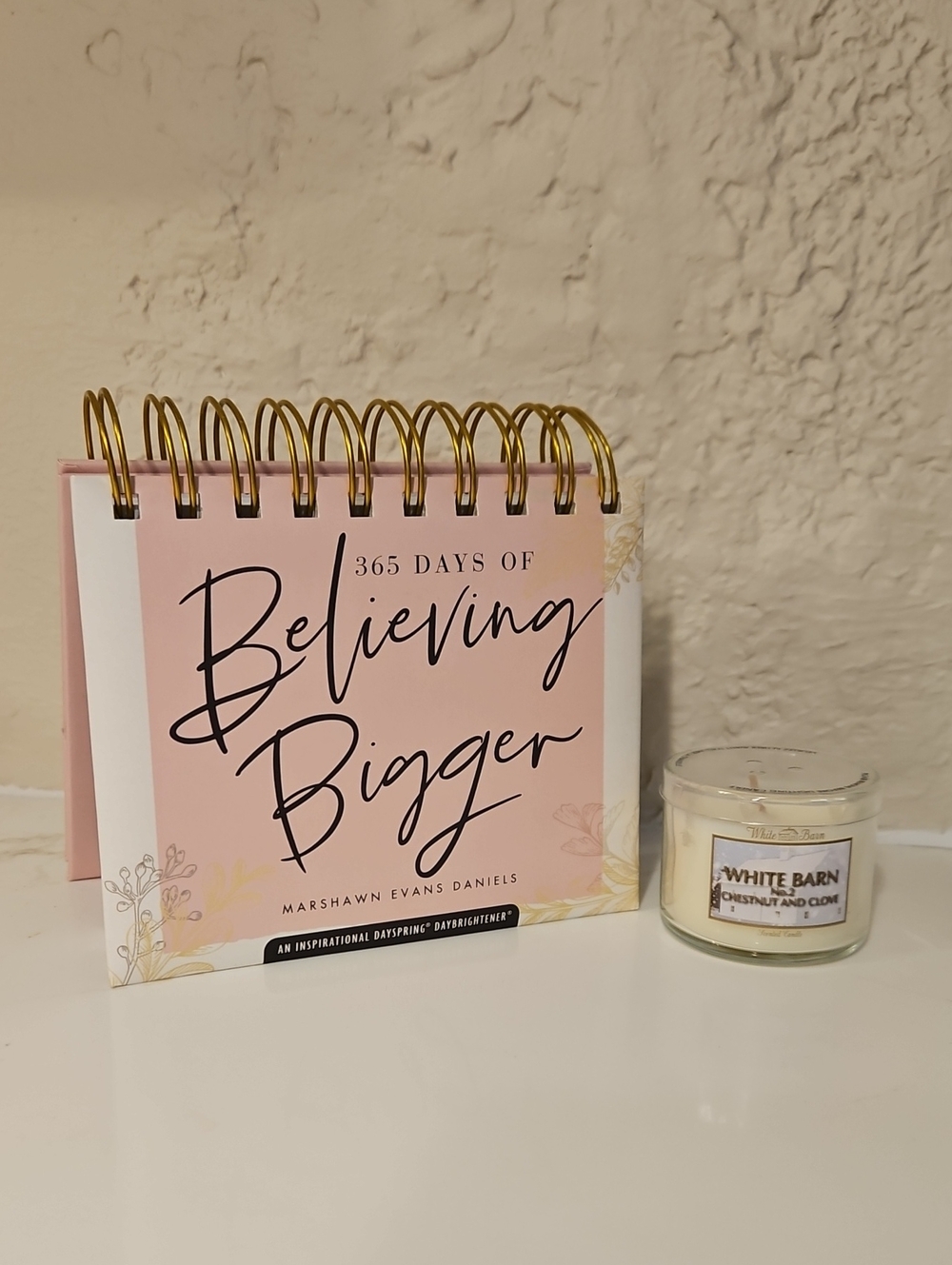 Inspirational calendar and mini white barn candle